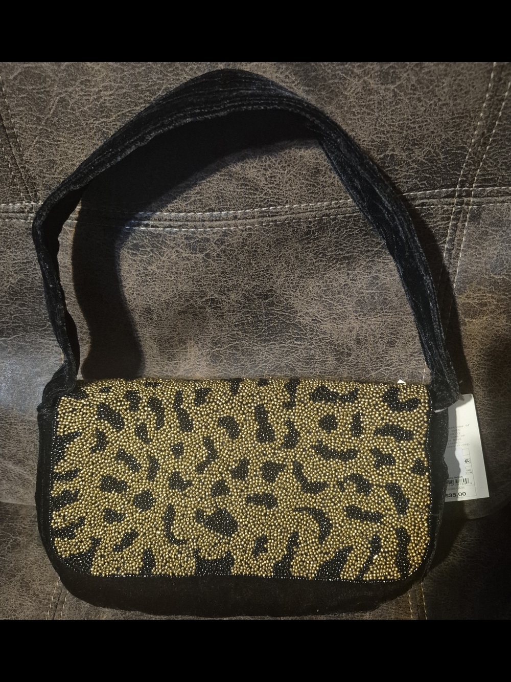 Beaded Leopard-Print Shoulder Bag in Gold & Black